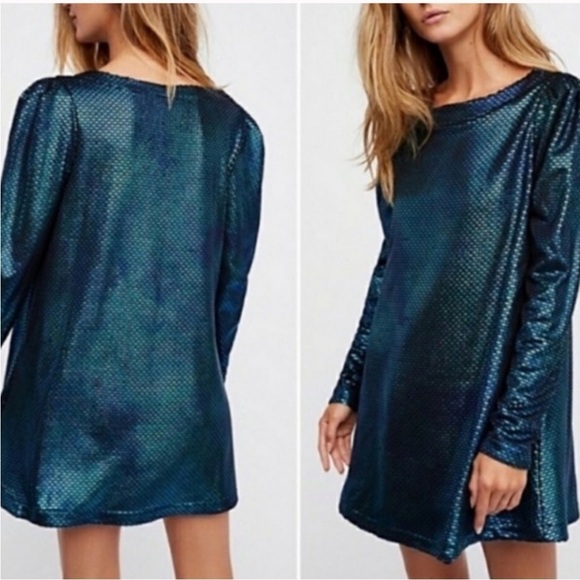 Free People Diamonds Are Forever Mermaid Mini Dress in Metallic Blue Small - Picture 3 of 15